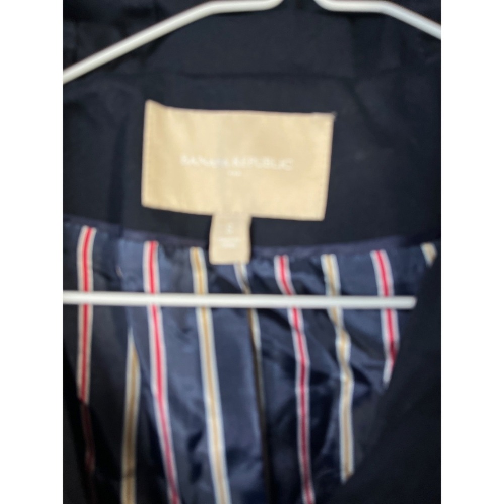 Banana Republic SMALL Navy Blue Hooded Twill Coat Zip Snap Below Knee Belt - Picture 9 of 10